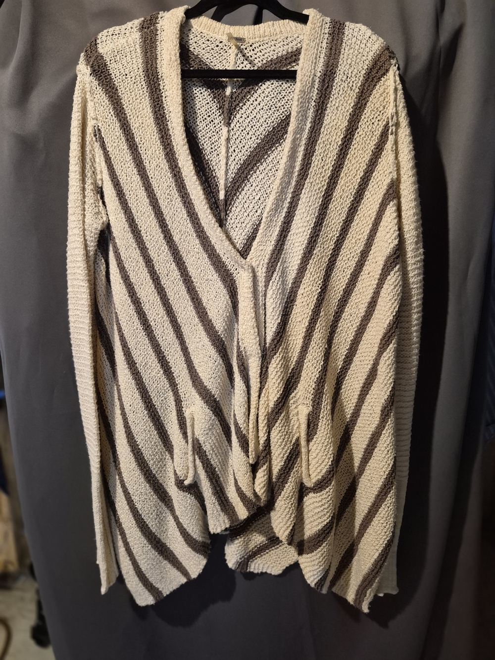 Free People Cream and Brown Striped Open-Front Cardigan